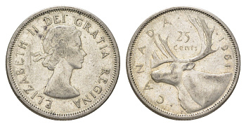 Канада 25 центов 1961 Елизавета II (1952-2022), олень KM 52 серебро 4622-836
