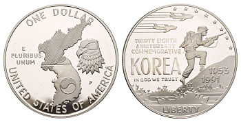США 1 доллар 1991 P, 38 лет Корейской войне KM 231 серебро PROOF 11-255-32