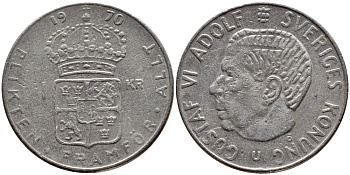 Швеция 1 крона 1970 Густав VI Адольф (1950-1973) KM 826a медь плакированная медно-никелем 4388-1152