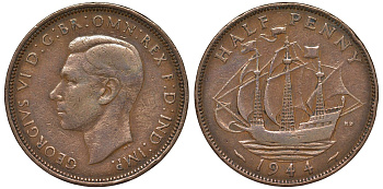 Великобритания 1/2 пенни 1944 Георг VI (1936-1952) KM 844, Spink 4115 бронза 4122-756