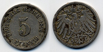 ГЕРМАНИЯ 5 ПФЕННИГОВ 1896 F, KM 11, J. 12 медно-никель 51-5259