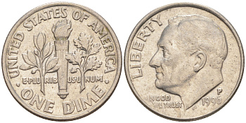 США 10 ЦЕНТОВ = 1 ДАЙМ 1996 P, РУЗВЕЛЬТ KM 195a медь плакированная медно-никелем 187-1117