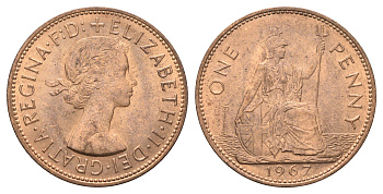 Великобритания 1 пенни 1967 Елизавета II (1952-2022) KM 897, Spink 4157 бронза UNC 4661-1011