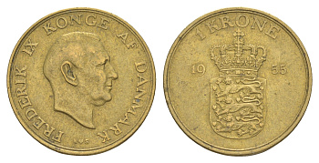 Дания 1 крона 1955 N, Фредерик IX (1947-1972) KM 837 алюминиевая бронза 4638-732