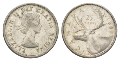 Канада 25 центов 1961 Елизавета II (1952-2022), олень KM 52 серебро 4622-836