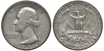 США 25 центов (квотер) 1974 Вашингтон KM 164a медь плакированная медно-никелем 4128-633