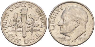 США 10 ЦЕНТОВ = 1 ДАЙМ 1996 P, РУЗВЕЛЬТ KM 195a медь плакированная медно-никелем 187-1117