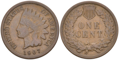 США 1 ЦЕНТ 1907 ИНДЕЕЦ KM 90a бронза 187-1128