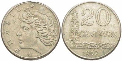Бразилия 20 сентаво 1967 голова Свободы влево KM 579.1, Schon 84 медно-никель 73-1455