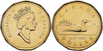 Канада 1 доллар 1992 125 лет конфедерации, красноклювая гагара KM 209 никель плакированный бронзой UNC M45-12