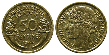 Французская Западная Африка 50 сантимов 1944 редкая KM 1, Lec 1 алюминиевая бронза aUNC 4381-929