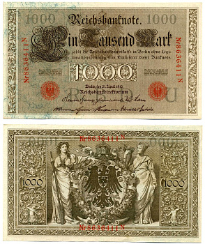 Германия 1000 марок 1910 21 апреля 1910, буква U, номер семизначный, серия N, выпуск (10.1922) Pick 44b, Розенберг 45с бумага 8618-20-1-2