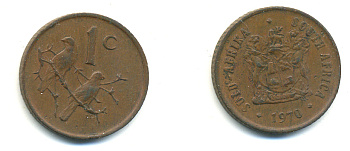 ЮАР 1 ЦЕНТ 1970 ГЕРБ, КАПСКИЕ ВОРОБЬИ KM 82 бронза 83-1026