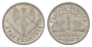 Франция 1 франк 1943 LB, тип LOURDE, правительство Виши KM 902.1, Le Franc 223.3 алюминий 4631-523