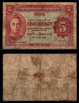 Малайя 5 центов 1941 Pick 7 b бумага 7217-6-1-2