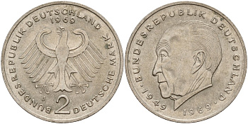 ФРГ 2 марки 1969 J, Конрад Аденауэр, 20 лет Федеративной Республике (1949-1969) KM 124, J. 406 медно-никель 4157-335