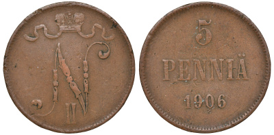 Россия для Финляндии 5 пенни 1906 Биткин 447 медь 53-452
