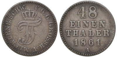 Мекленбург-Шверин 1/48 талера 1861 A, Фридрих Франц II (1842-1883) KM 311 серебро 4516-547