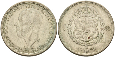 Швеция 1 крона 1948 TS, Густав V (1907-1950) KM 814 серебро 3457-126