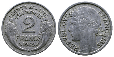 ФРАНЦИЯ 2 ФРАНКА 1949 B KM 886a.2 алюминий 261-725