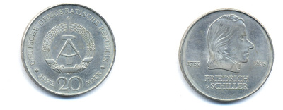 ГДР 20 марок 1972 А, Фридрих Шиллер (1759-1805) KM 40 медно-никель 3333-744