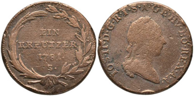 АВСТРИЯ 1 КРЕЙЦЕР 1781 S, ЖОЗЕФ II (1780-1790) KM 2053 медь 117-524