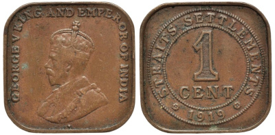 Стрейтс-Сетлментс 1 цент 1919 Георг V (1910-1936) KM 32 бронза 190-625