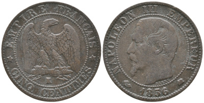 ФРАНЦИЯ 5 САНТИМОВ 1856 K, НАПОЛЕОН III (1852-1870) KM 777.5, LA FRANC 116.34 бронза 34-432
