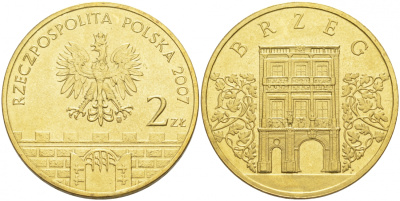 Польша 2 злотых 2007 MW, серия города Польши, Бжег (Brzeg) KM 615 латунь UNC 69-1113