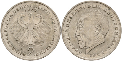 ФРГ 2 марки 1969 J, Конрад Аденауэр, 20 лет Федеративной Республике (1949-1969) KM 124, J. 406 медно-никель 4157-335