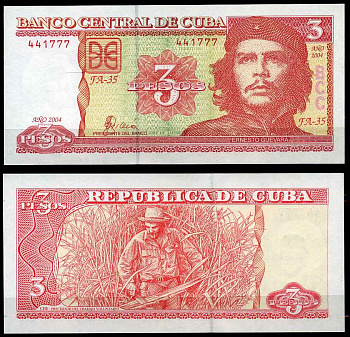 Куба 3 песо 2004 Че Гевара, Че Гевара рубит сахарный тростник Pick 127 бумага UNC (пресс) 447-54-1