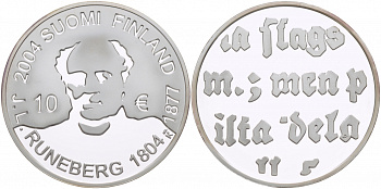 Финляндия 10 евро 2004 200 лет со дня рождения Йохана Людвига Рунеберга, поэт KM 115 серебро  PROOF 11-224-41