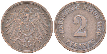 Германия 2 пфеннига 1910 F, Вильгельм II (1888-1918) KM 16 медь 4621-739
