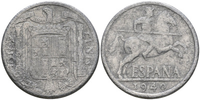Испания 10 сентимо 1940 Франсиско Франко (1939-1975) KM 766 алюминий 4604-512