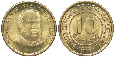 Перу 10 сентимо 1985 LIMA, Мигель Грау Семинарио KM 293, Schon 94 латунь aUNC 4189-662