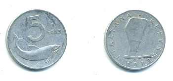 ИТАЛИЯ 5 ЛИР 1954 R, РУЛЬ, ДЕЛЬФИН KM 92 алюминий 23-1117