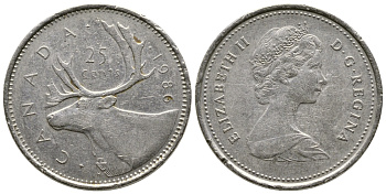 Канада 25 центов 1986 Елизавета II (1952-2022), олень KM 74 никель 84-1331