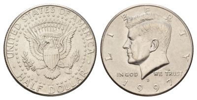 США 1/2 доллара (50 центов) 1997 D, Джон Кеннеди KM A202b медь плакированная медно-никелем UNC 4672-724