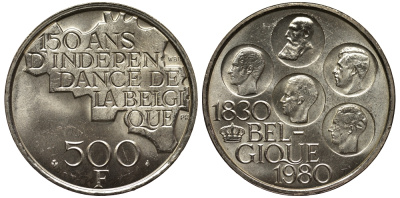 Бельгия 500 франков 1980 150 лет независимости, Belgique, Бодуэн I (1951-1993) KM 161 медно-никель покрытый серебром UNC 443-322
