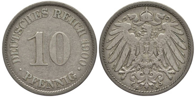 Германия 10 пфеннигов 1900 A KM 12, Jager 13, Weege 8 медно-никель 219-327
