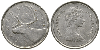 Канада 25 центов 1986 Елизавета II (1952-2022), олень KM 74 никель 84-1331