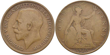 Великобритания 1 пенни 1920 Георг V (1910-1936) KM 810, Spink 4051 бронза 115-146