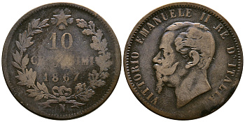 Италия 10 чентезимо 1867 N, Виктор Эммануил II (1861-1878) KM 11.4 медь 4384-933