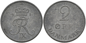 ДАНИЯ 2 ЭРЕ 1961 C; S, ФРЕДЕРИК IX (1947-1972) KM 840.2 цинк 4566-425