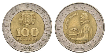 Португалия 100 эскудо 1991 Педру Нуниш (1502-1578), математик KM 645 биметалл 4566-256