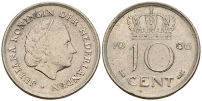 Нидерланды 10 центов 1966 Юлиана (1949-1980) KM 182 никель    4598-269