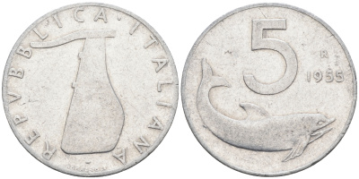 Италия 5 лир 1955 R, дельфин KM 92 алюминий    4594-1033
