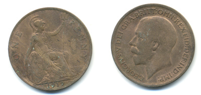 Великобритания 1 пенни 1919 Георг V (1910-1936) KM 810, Spink 4051 бронза 83-543