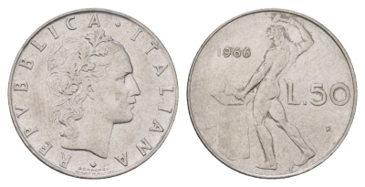 Италия 50 лир 1966 R, бог огня Вулкан у наковальни KM 95.1 нержавеющая сталь 4624-1147