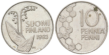 Финляндия 10 пенни 1993 M KM 65 медно-никель 218-1124